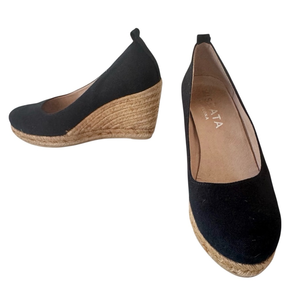 VISCATA Roses Canvas V Cut Espadrille Wedges Black Shoes Size 39